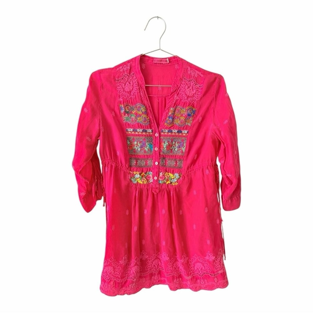 Johnny Was 3/4 Sleeve Top Women's XS ink Embroidered Cupra Rayon Boho Tunic